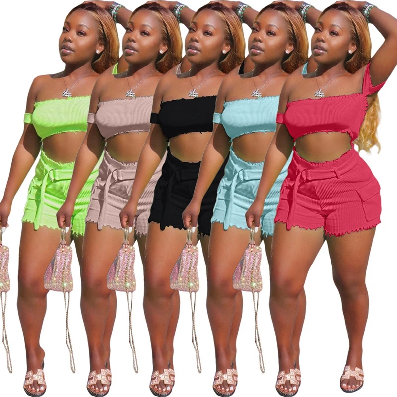 Woman Knitted 2 Piece Set Women Solid Off Shoulder Crop Tops Stretch Shorts  Tracksuit Casual Sexy Club Party Two Piece Outfits - Short Sets - AliExpress
