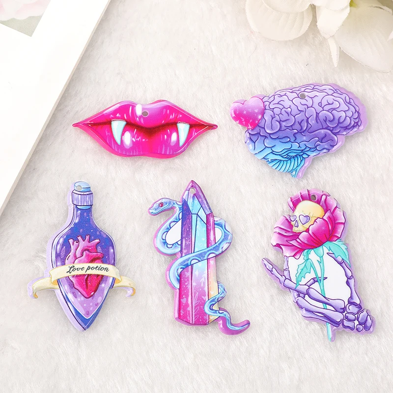 10Pcs Creepy Valentine Charms Acrylic Pastel Goth Magic Snake Skull Flower Pendant Jewlery Findings For Earring Necklace Diy