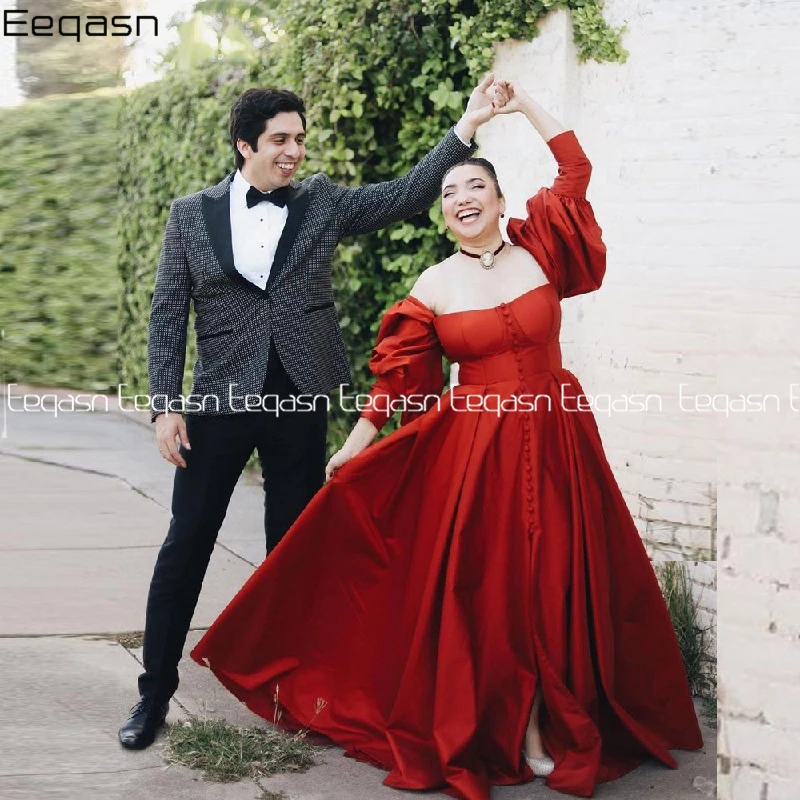 

Элегантные красные вечерние платья на пуговицах спереди, женское платье для выпускного вечера с разрезом в саудовском, арабском стиле, длинное атласное официальное платье с рукавом