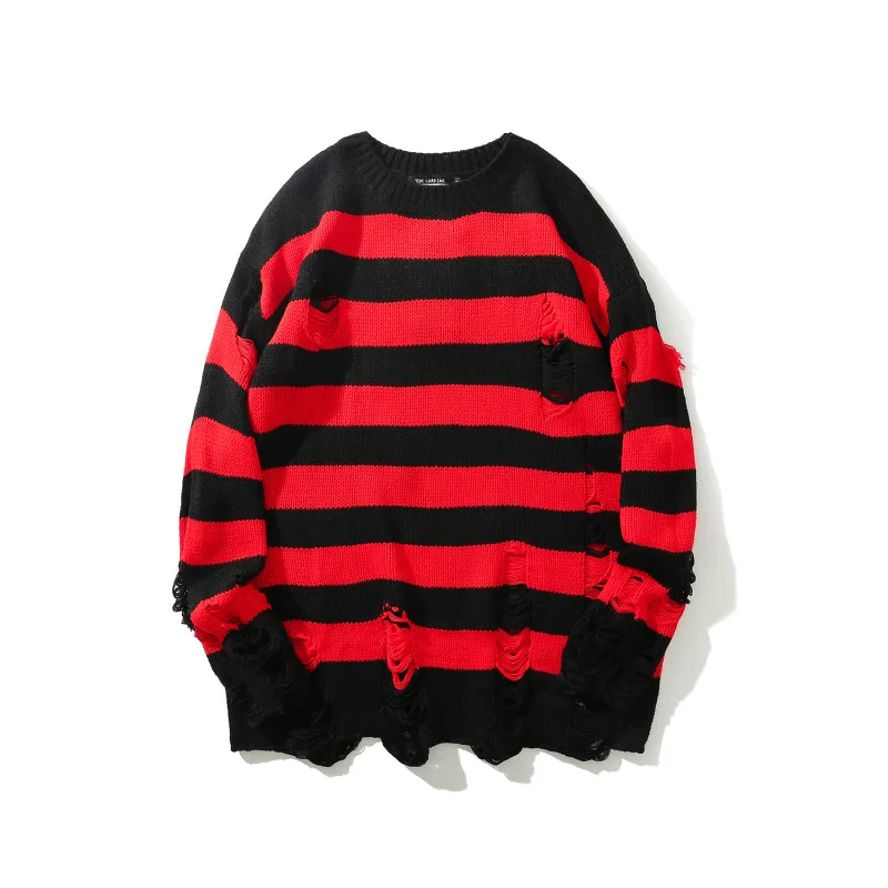 В стиле «хип-хоп» ажурный свитер Для мужчин черный, красный полосатый трикотажный свитер Марка NEW FASHION Hi Street уличный сверхразмерный Свободный Повседневный пуловер Knittwear отверстие - Цвет: black