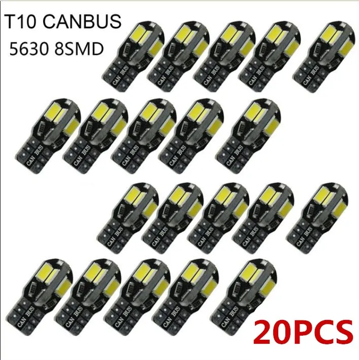 

20PCS Car Led Interior Reading Lamp T10 White 5730 8SMD LED 12V Car Side Wedge License Plate Light White Lamp Auto Bulbs