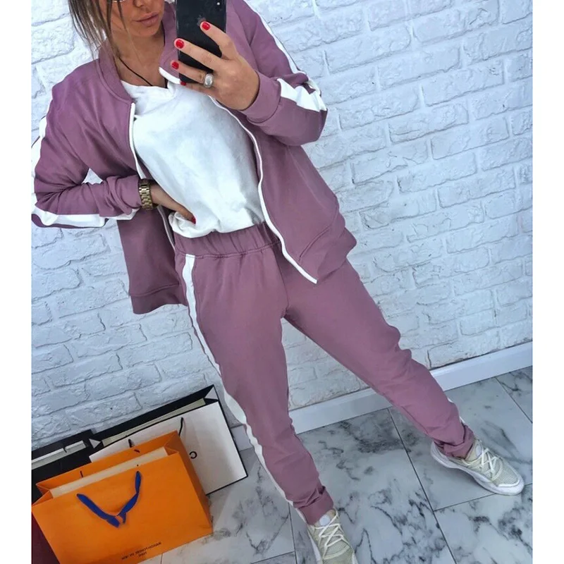 

Autumn Winter Tracksuit Long Sleeve Zipper Side Stripe Sweatshirts 2 Piece Set Casual Sport Suit Women's Sets SJ4070V