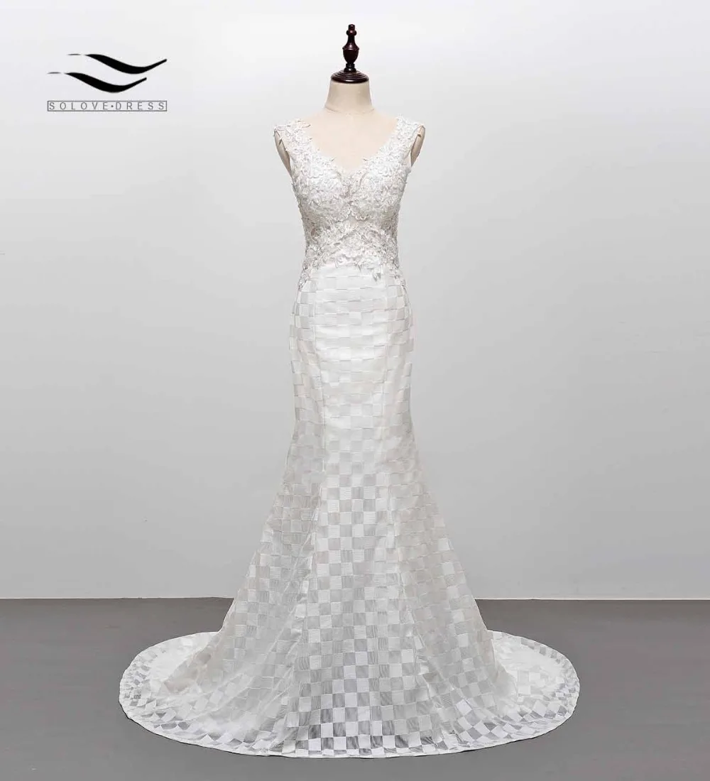 

Elegant V Neck Appliques Sexy Lace Wedding Dress Long Train Patterned Mermaid Bridal Gown Backless with Lace up SLW103