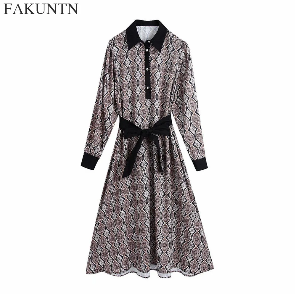 

FAKUNTN Shirt Style Dress Women Autumn Winter New Elegant Vintage Lapel Printing Long-Sleeve Long Dresses Women Clothes Vestidos