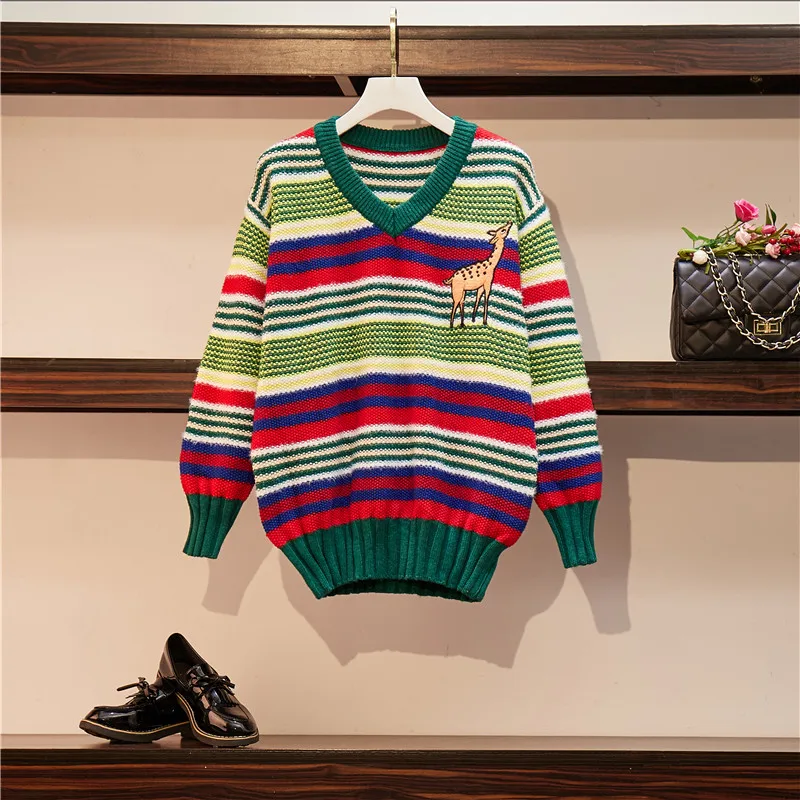 

Christmas deer embroidery Women's sweater Autumn Winter Striped Sweaters oversized sweater knitted Pullover Plus Size knitwear