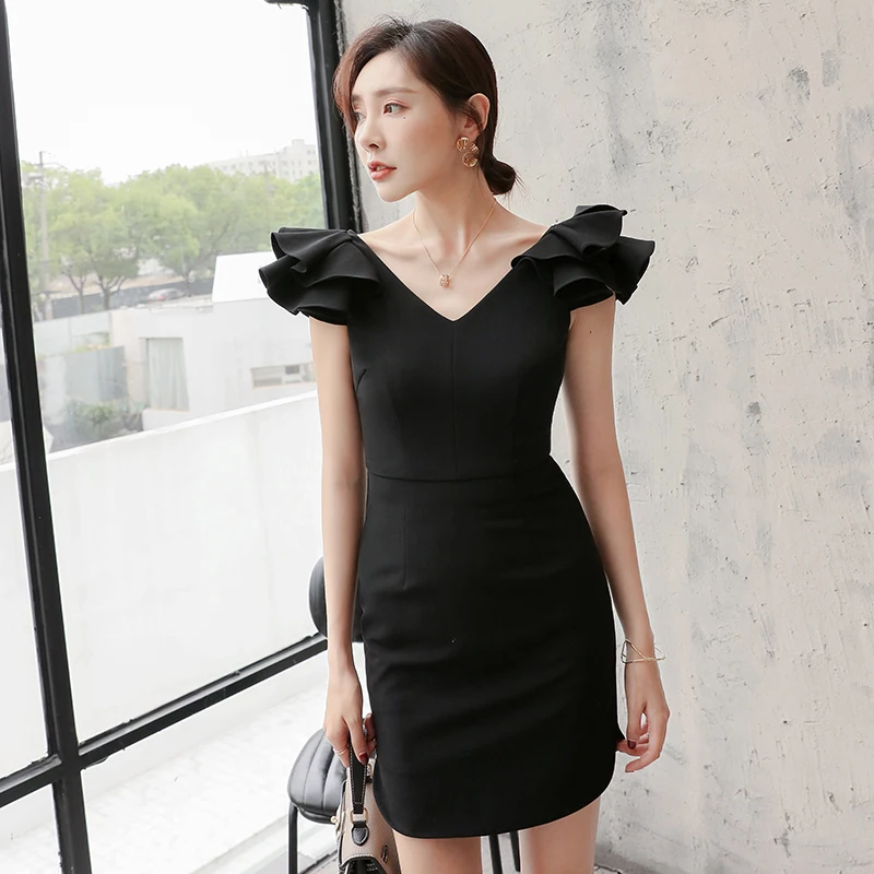 

YIGELILA Women Black Sheath Dress Summer Sexy V-neck Puff Sleeve Empire Slim Above-Knee Solid Bodycon Party Dress 64802