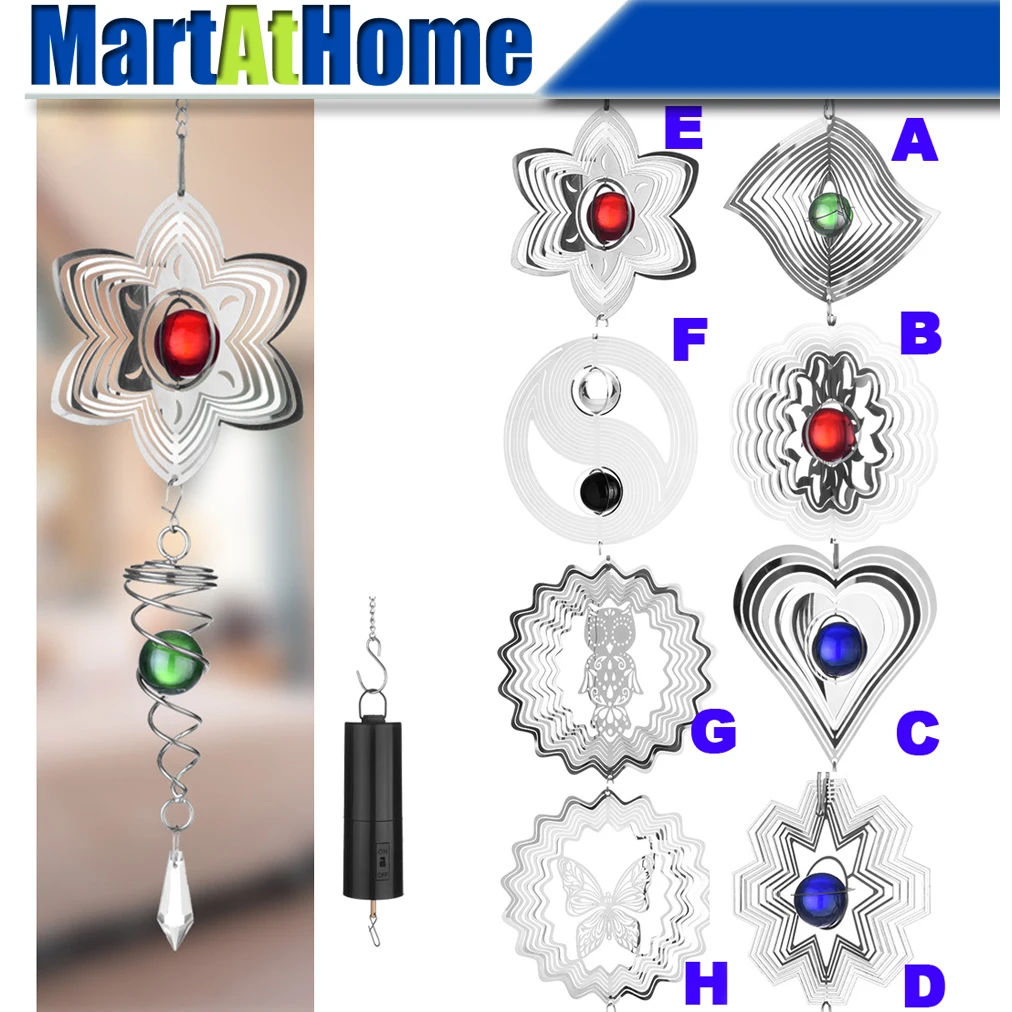 

Multiple Styles 3D Metal Spinning Wind Chimes Whirligig Mirror Ornament Wind Spinner with Revolving Motor&Stabilizer Spiral Tail