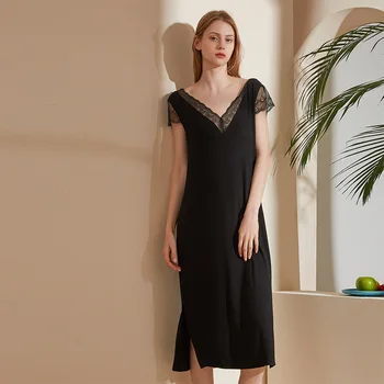 

Adult Sexy V Neck Black Summer Lace Modal Sleepwear Nighgown Long Dress for Women Nightdress Nightwear Clothing Homewear Clothes