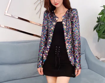 

Sequins Women Long Sleeve Slim Short Jacket Coat 2020 Spring Womans V Neck Big Size Runway Cardigan Coats