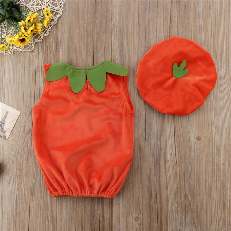 2PCS Halloween Costumes Toddler Baby Boys Girls Romper Pumpkin Sleeveless Jumpsuit Hat Outfit Baby Clothes 0-3Years
