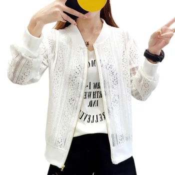 

Summer Women Beach sunscreen Jacket long-sleeved lace Solid hollow Out Baseball Jacket
