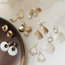 AOMU корейский дизайн жемчужные матовые металлические геометрические большие круглые оболочки длинные висячие серьги для женщин пляжные ювелирные изделия в стиле бохо