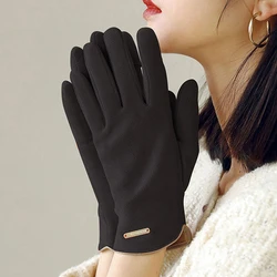 Woman's Winter Warm Suede Leather Touch Screen Driving Gloves Female's Cold Plus Velvet Thick Fingerless Girls Flip Cycling Mitt