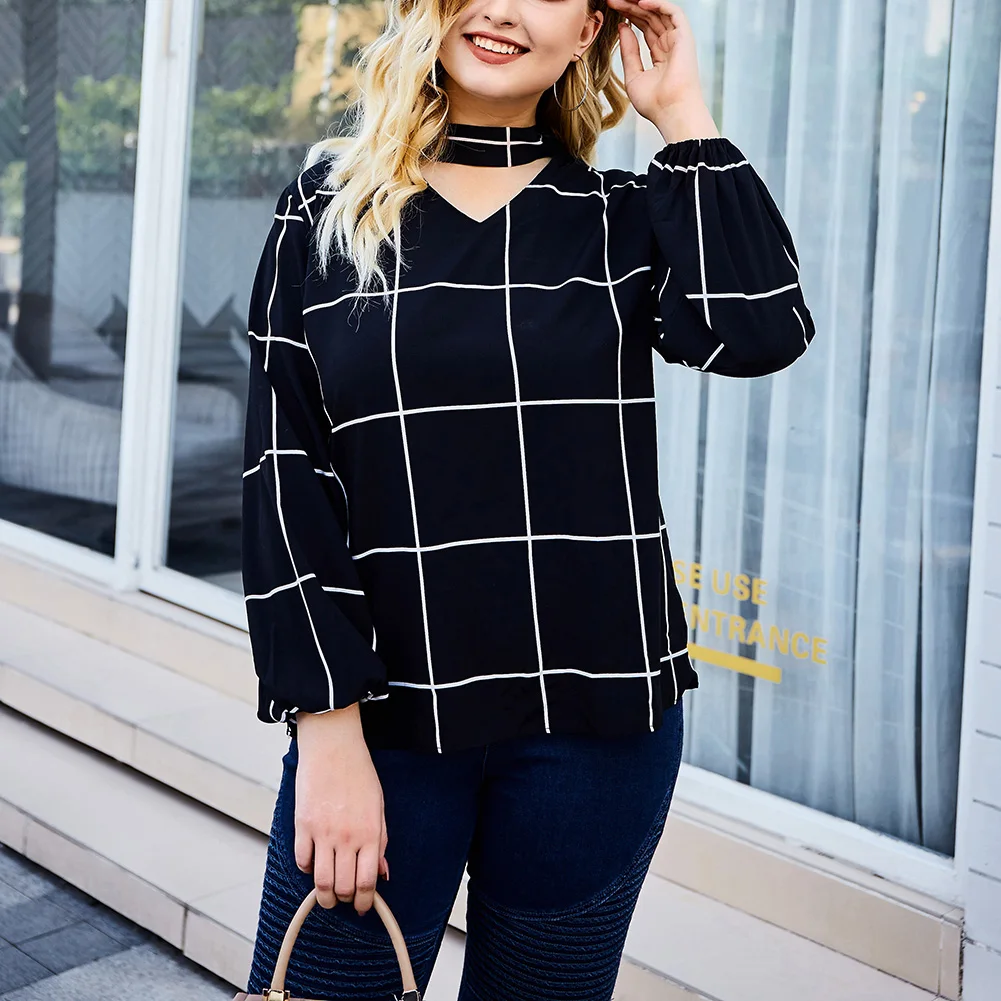 

FADZECO New Fashion Casual Autumn Winter Plus Size Women's Shirt Plaid Top V-Neck Long Sleeve Top Female Plaid Blouse