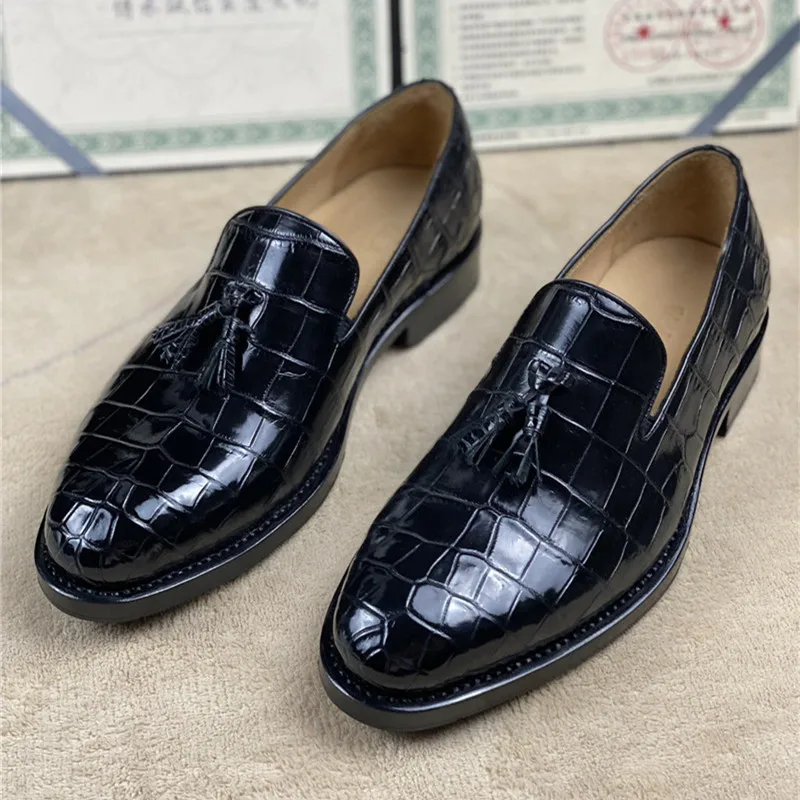 Authentic Crocodile Belly Skin Men's Dress Shoes Genuine Alligator Leather  Italian Cowskin Outsole Male Slip-on Tassel Loafers
