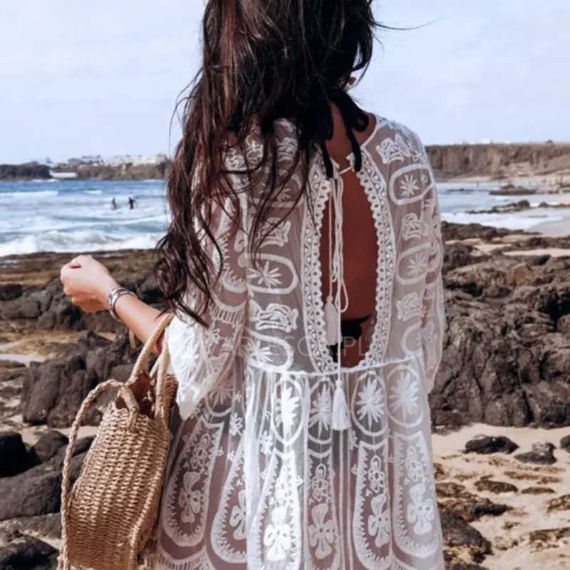 

Women Sexy Bikini Cover Up White Crochet Embroidered Floral Lace Swimwear Boho Backless Tassels Drawstring Beach Dress