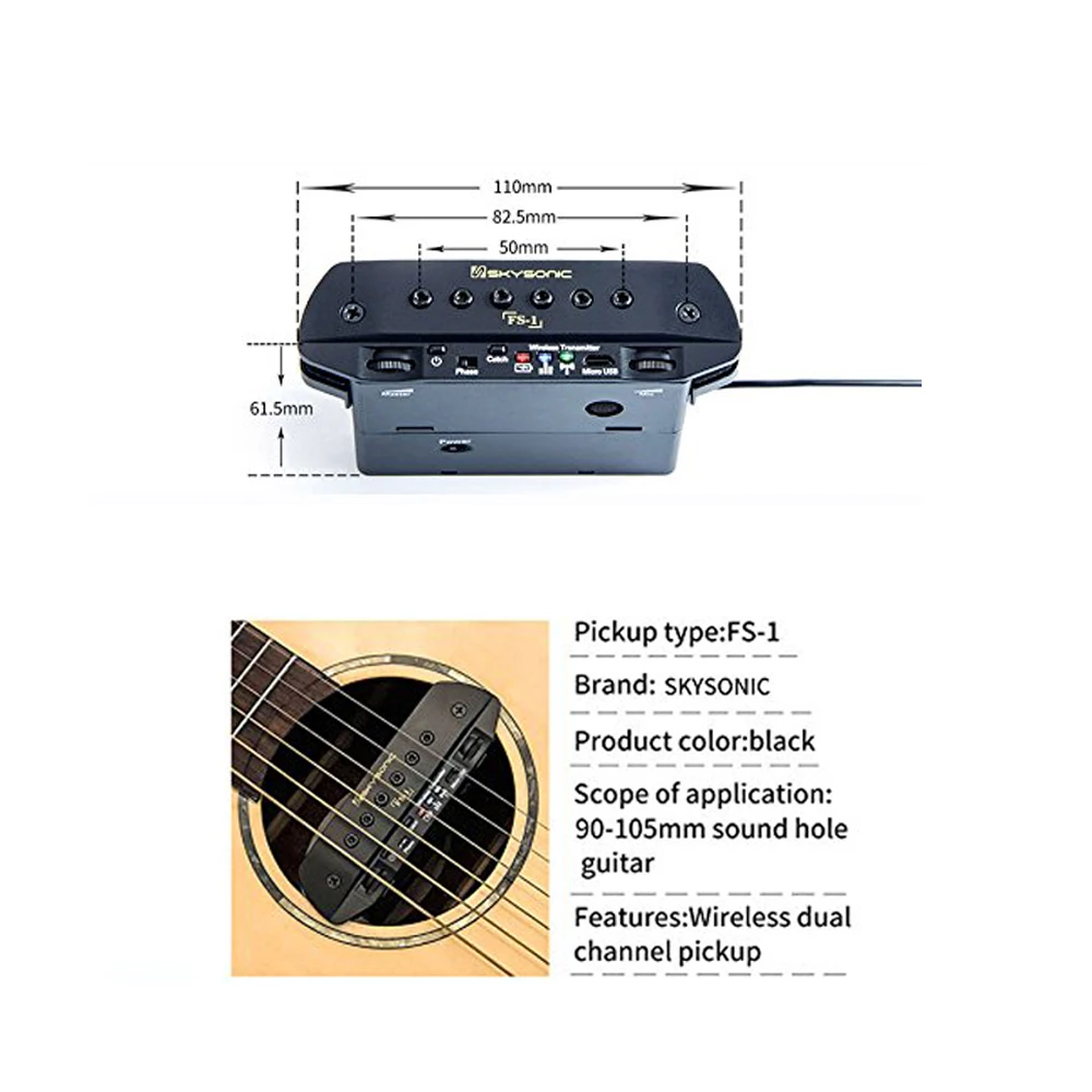 SKYSONIC FS-1 UHF гитара беспроводной Soundhole звукосниматель с передатчиком приемник+ микрофон двойной звукосниматель системы Макс. 30 м встроенный аккумулятор
