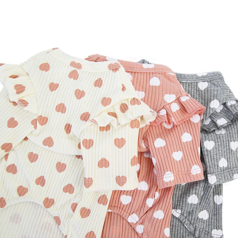 Pink Beige Gray Cotton Pet Clothes Puppy Hoodies Tshirt Heart Pattern O-neck Lace Short Sleeve Sweater Sweatshirt For Small Dogs pet clothes