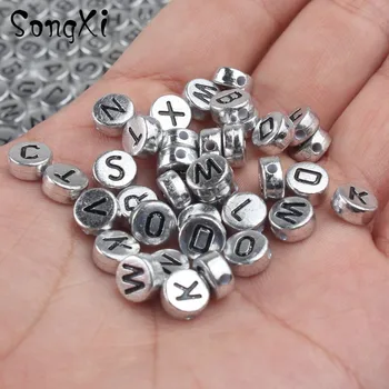 

100pcs 7mm Letter Beads Round Flat Alphabet Siver Acrylic Loose Spacer Beads for Jewelry Making Diy Bracelet Necklace Wholesale