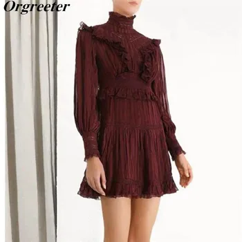 

2020 New Spring Red wine Ruffle Trim Lace Dress For Women Stand collar Ruched Lantern Sleeve High Waist Short Lace Dress Vestido