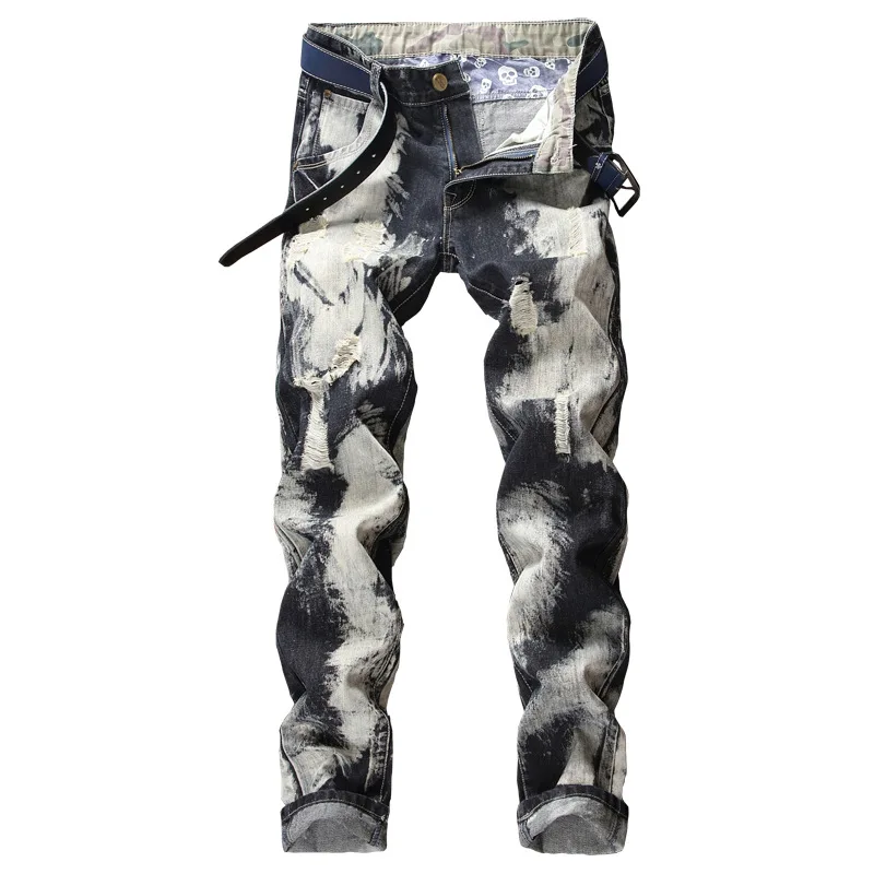 

2D New European and American original men's wear tattered snow washed jeans men's holes straight tube-sized jeans