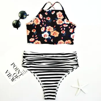 

Halter Women's Swimsuit Two-piece Swimwear Flower Print Top Bikini High Waist Striped Bikini Set Vintage Biquini Bathing Suit