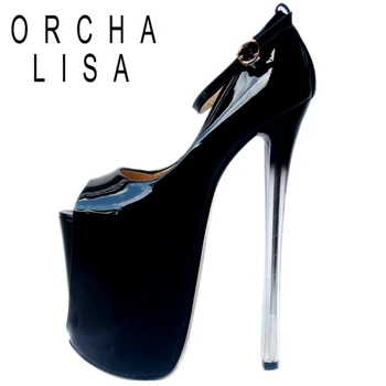 

ORCHA LISA Woman Sexy Pumps Peep Toe 19cm 22cm16cm Thin Heels Patent Leather Belt Buckle 12.5cm Platforms Big size 34 -50 C1898
