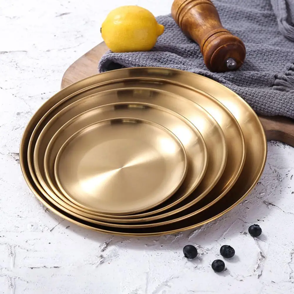 14/17/20/23/26cm Simple Golden Stainless Steel Tray Round Storage Snack Cake Display Metal Plate kitchen Decoration |