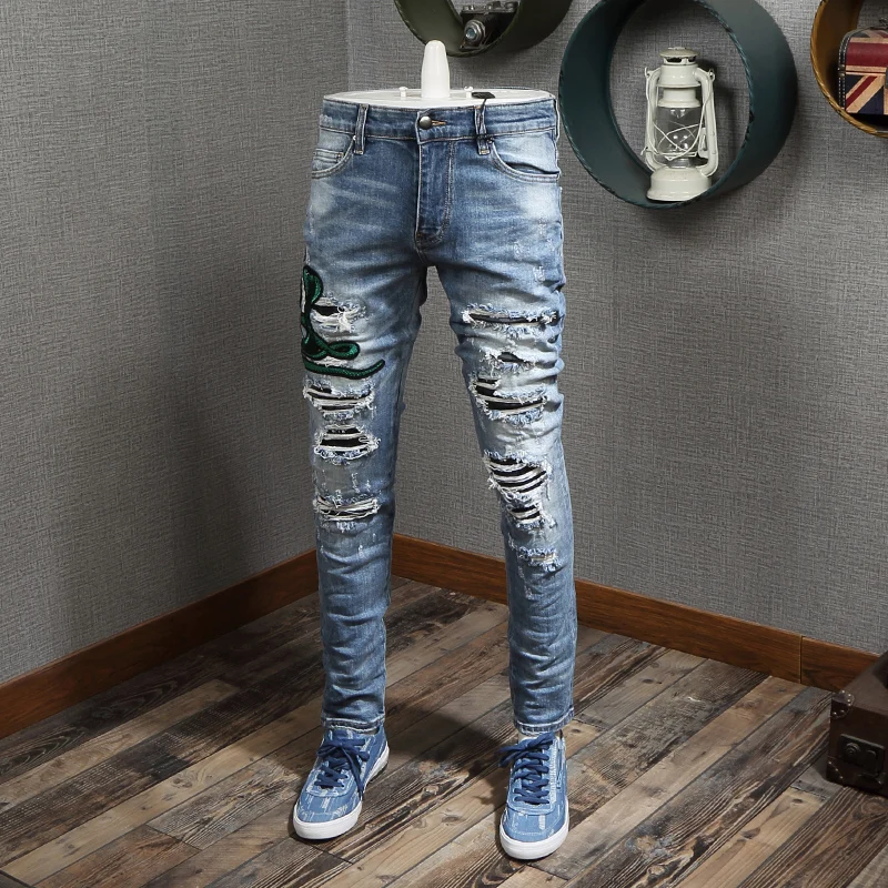 Fashion Streetwear Men Jeans Slim Fit Elastic Cobra Embroidery Ripped Jeans Men Destroyed Pants Brand Designer Hip Hop Jeans Fashion Streetwear Men Jeans Slim Fit Elastic Cobra Embroidery Ripped Jeans Men Destroyed Pants Brand Designer Hip Hop Jeans