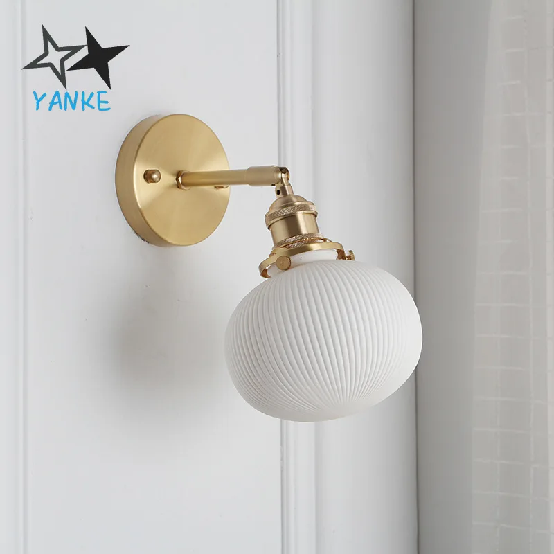

Classic Retro White Ceramic Wall Lamp Nordic simple brass living room background wall decoration wall lamp