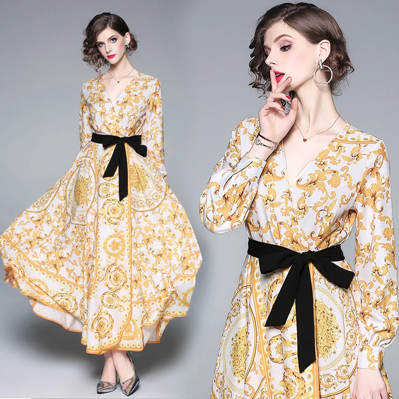 

Runway Designer Baroque Maxi Dress Women's Long Sleeve Sexy Cross V Neck Yellow Flower Print Black Belt Gown Long Party Dresses