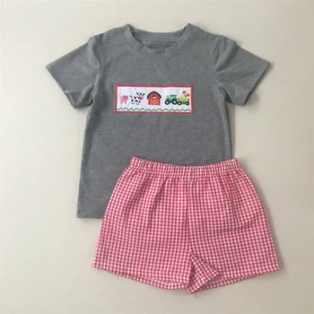

2020 Puresun New Popular Smocked Style Embroidery Chicken Baby Boys Set Cotton Summer Boys Clothing Suit
