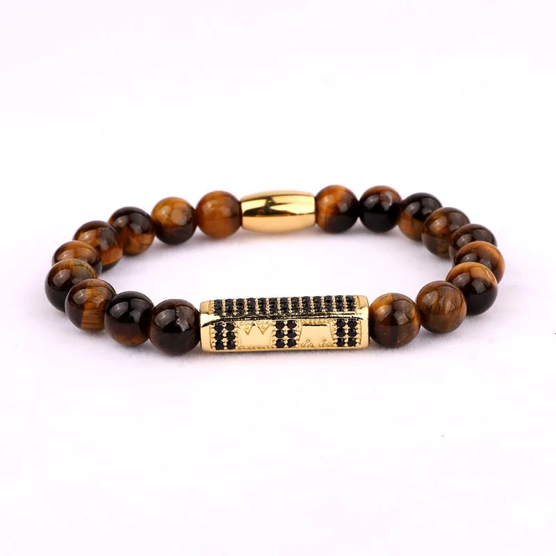High Quality New Luxury CZ Micro Pave Ball Crown Charms Tiger Eyes Stone Beaded Adjustable Bracelet Men Women - Image 3