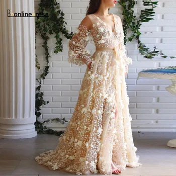

Champagne Prom Dresses Lace 3D Flower Long Prom Dress V-Neck Full Sleeve Split Floor Length Formal Party Gown robe-de-soiree