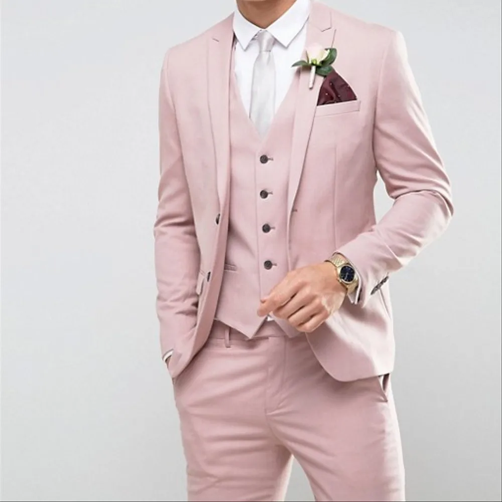 

Tailor Made Pink Men wedding Suits Slim Fit Groom Prom Party Blazer Male Tuxedo Jacket+Pants+Vest Costume Marriage Homme Terno