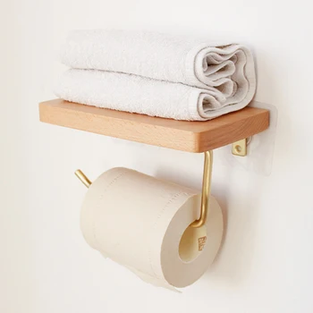 

Wooden Paper Towel Rack Solid Brass Tissue Paper Storage Holder Punch-free Bath Toilet Roll Paper Rack Organizer High Quality