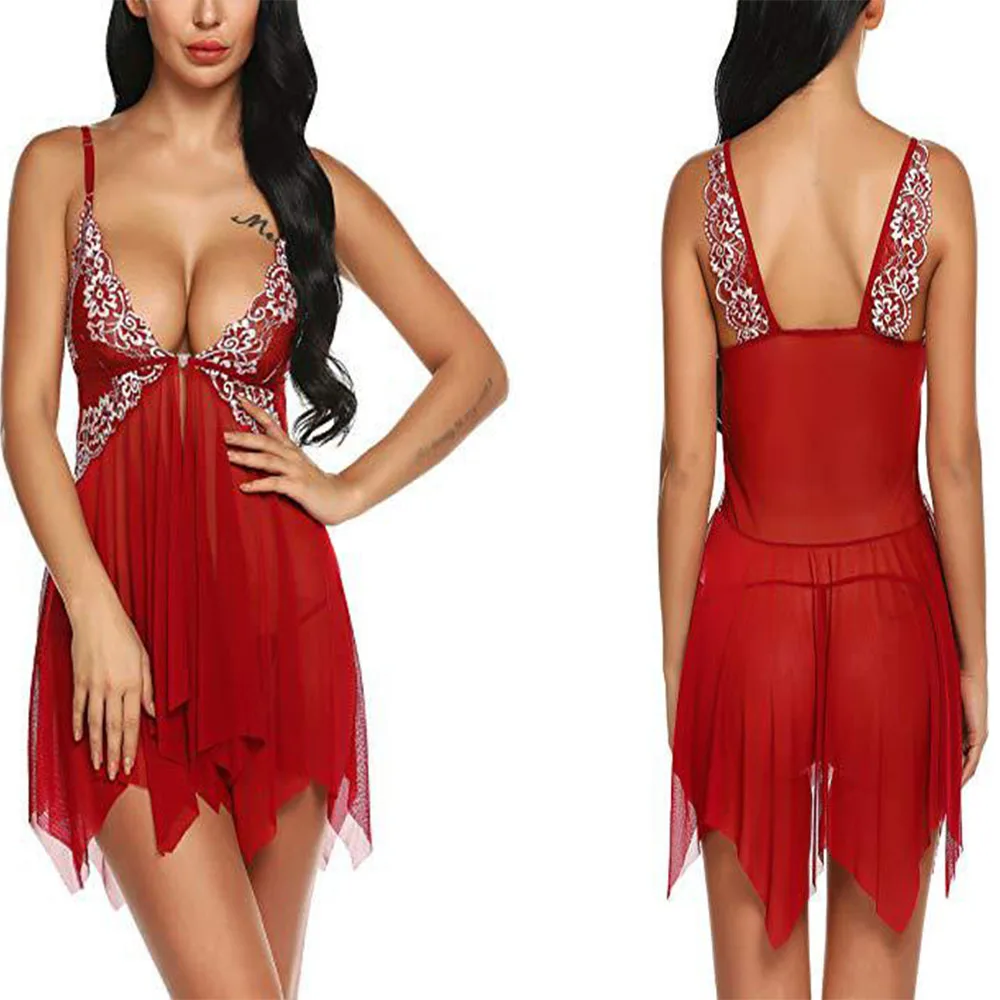 Women Lingerie for Women Lace Babydoll Sexy Chemise V Neck Mesh Sleepwear Nightgown (2)