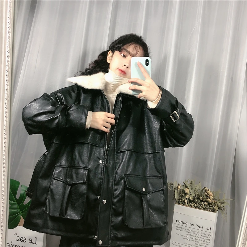 SHENGPALAE, новинка, модная зимняя женская куртка, свободная, повседневная, с отворотом, из овечьей шерсти, Корея, одноцветная, с поясом, кожаное пальто для женщин A855