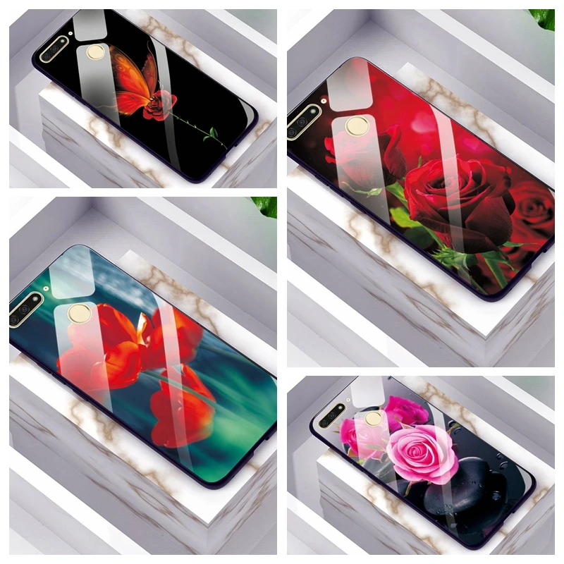

For Huawei Honor 9 Lite Back Cover Case For Huawei Honor 10 Lite Rose Pattern Tempered Glass Silicone Case 10Lite Glass Bumper