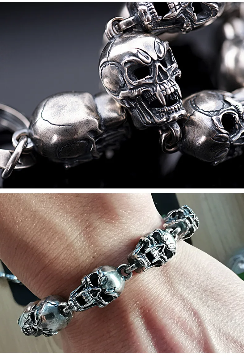 Men's Sterling Silver Skull Bracelet with Matte Onyx Beads, handcrafted