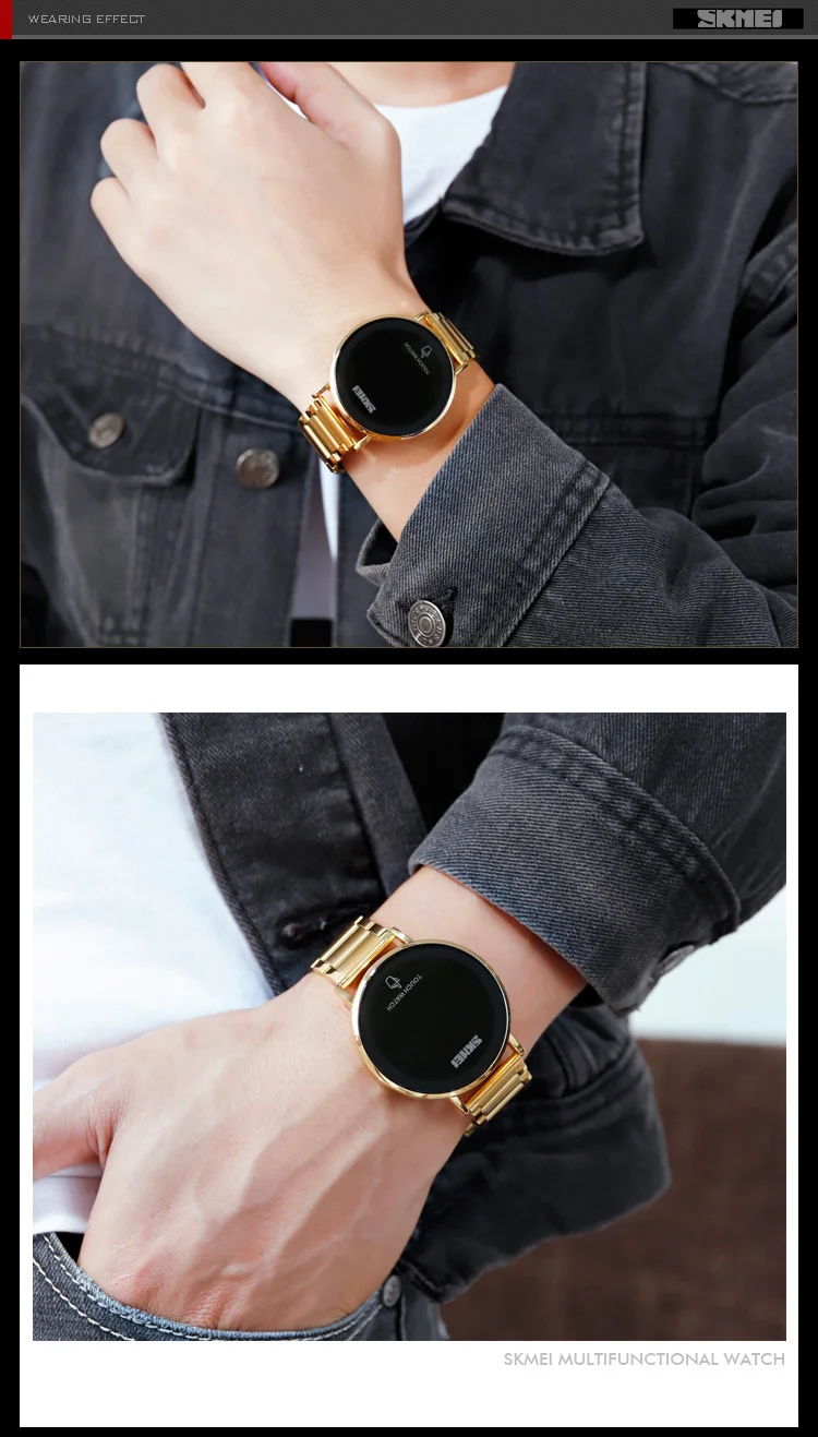 SKMEI Men Quartz Watch Touch Screen LED Light Display Fashion Digital Watch 3bar Waterproof Stainless Steel Strap Montre Homme