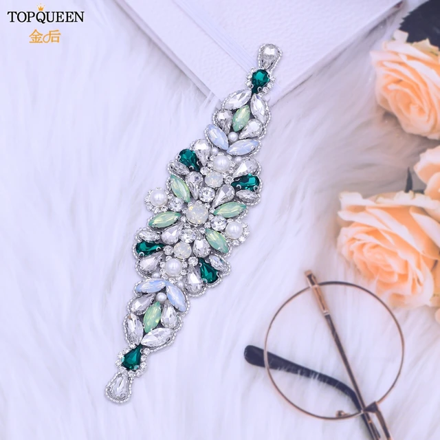 TOPQUEEN S443 Luxury Green Rhinestone Bridal Belt Beaded for Formal Evening Dresses Custom Diamond Decorative Belt Handmade applique no ribbon