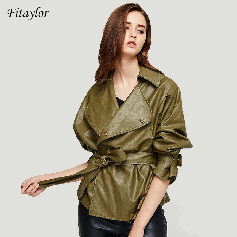 

New Autumn Women Loose Washed Pu Leather Jacket Fashion Sashes Design Bright Colors Coats Ladies Basic Jackets Outwear