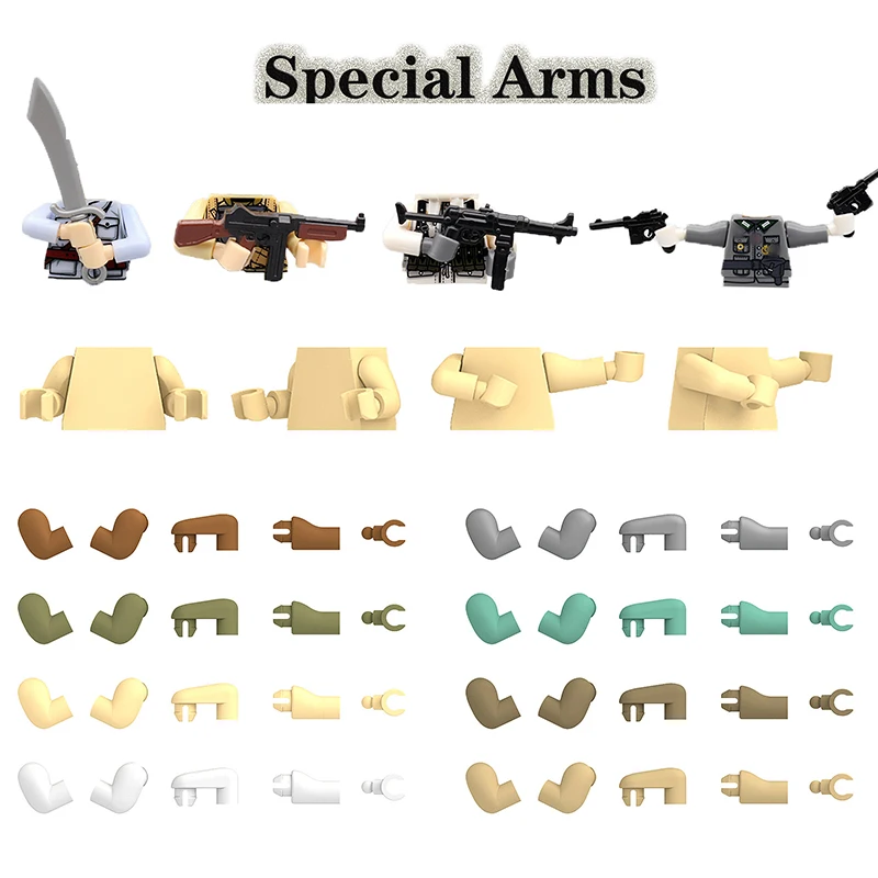 WW2 Military Weapons Figures Arms Hand Body Parts Multicolor Army Accessories Building Blocks Special Soldiers Guns Bricks Toys