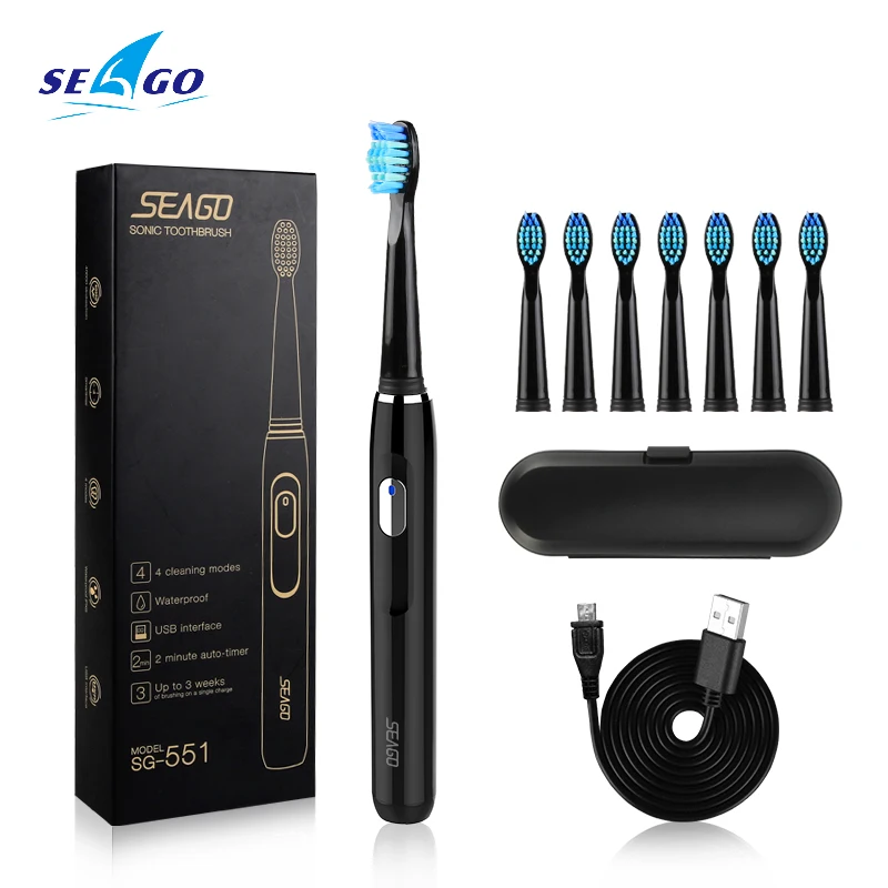 Зубная щетка электрическая Seago SG551 звуковая перезаряжаемая с 3 сменными насадками таймером на 2 минуты и 4