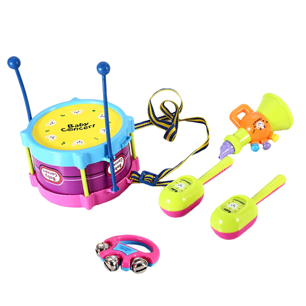 5 Pieces Drum Drumsticks Maracas Rattles Trumpet Kids/Baby Developmental Musical Instrument Toy Playset