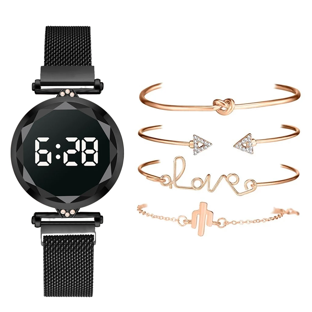 5pcs Set Bracelet Watch Women Luxury Digital Magnet Rose Gold Stainless Steel Led Quartz Watches Relogio Feminino Dropshipping ladies crystal bracelet watches Women's Bracelet Watches