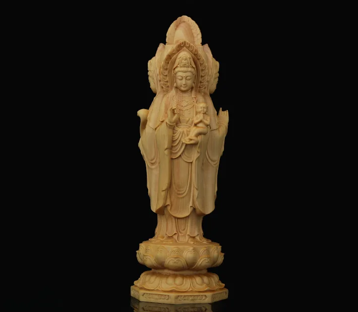 7," китайская шкатулка-деревянная ручная резьба три стороны Kwan-yin Guan Yin буддизм статуя