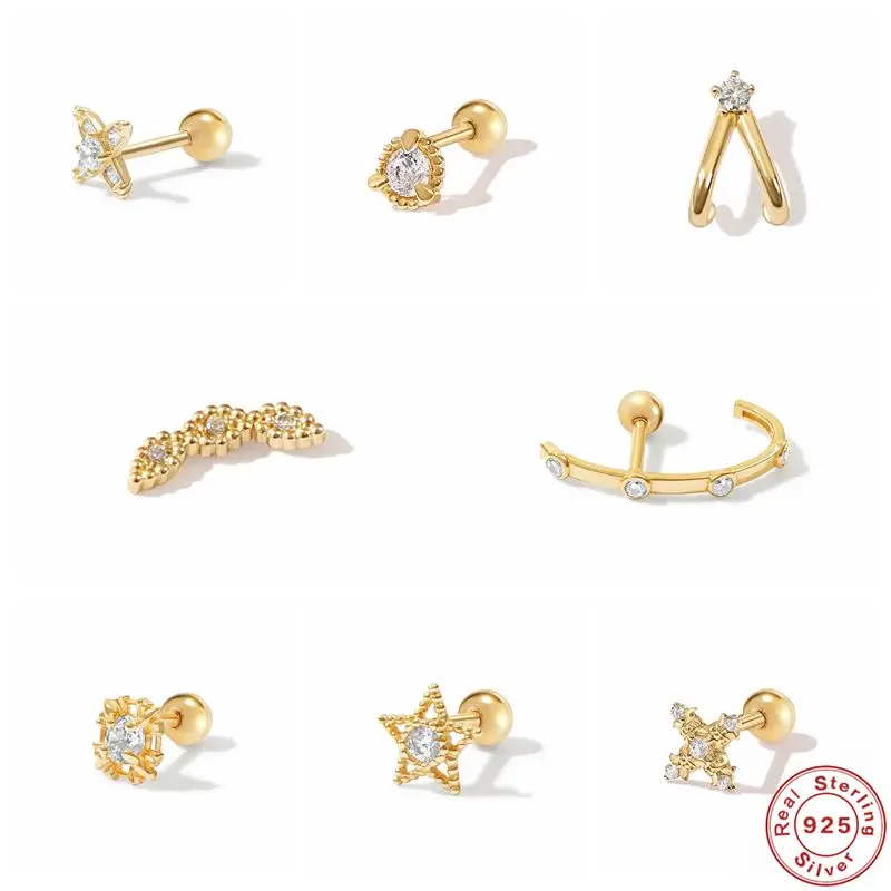 

GS 925 Sterling Silver Personality Lines With Zircon Piercing Cartilage Stud Earrings For Women Girls All-Match Earring Jewelry