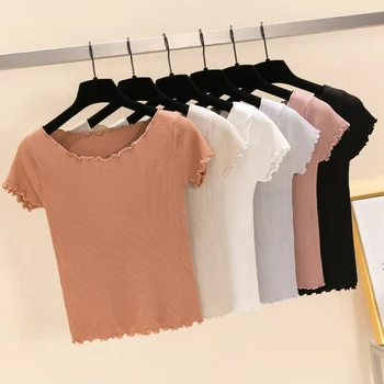 

Vintage Wood ears O neck Short sleeve 2020 New Woman Slim Fit t tight tee Summer Retro Tops 10 colors
